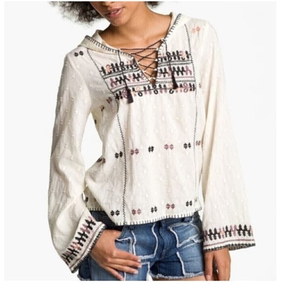 Free People Playa Del Rey Embroidered Crop Bell Sleeves Hoodie Black Size S - Picture 2 of 9